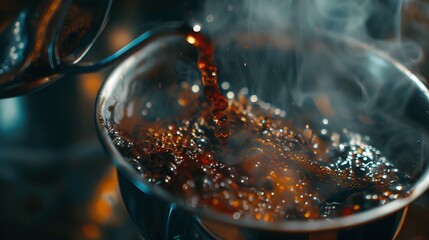 Poster - Close up roasted coffee on coffee percolator with professional of a barista making coffee for dripping hot coffee into the cup with equipment tool brewing at kitchen home : Generative AI