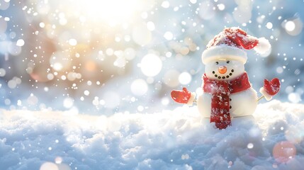 Aufkleber - Cheerful snowman of snowdrifts on snow outdoors on nature in sunny day with copy space flat lay Christmas snowy backdrop background : Generative AI