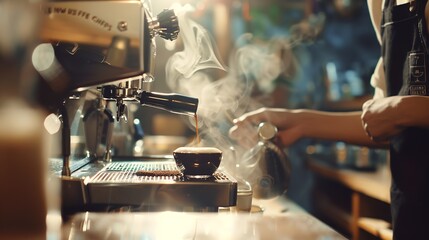 Poster - Cropped photo of young barista making coffee with manual presses ground coffee using tamper Barista working in coffee shop : Generative AI