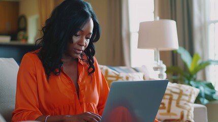 Poster - Entrepreneur woman wearing orange blouse working with a laptop sitting on a couch at home : Generative AI