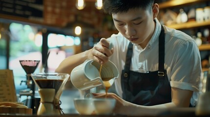 Poster - Closeup of Professional Barista making coffee prepare coffee according to orders from customers in the coffee shop at Thailand Selective Focus : Generative AI