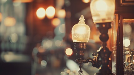Poster - Soft focus picture of vintage lamps with blurred liquor bar in Vintage photo filter style : Generative AI