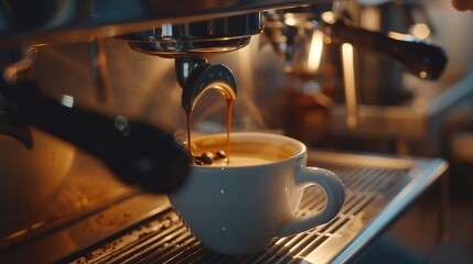 Poster - barista making coffee with professional machine Coffee pouring into a cup small business startup business : Generative AI