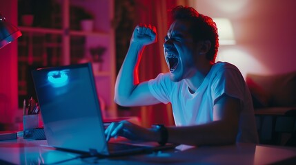 Poster - Euphoric winner watching a laptop on a desk winning at home : Generative AI
