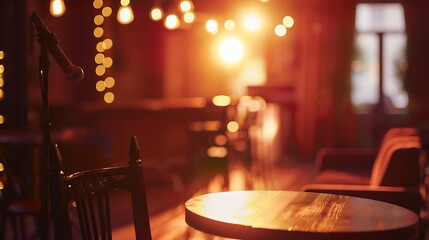 Fototapete - The stage of a bar a cafe a hall for performances of artists and a holiday in defocus Background element for installation of scenery and design decor : Generative AI