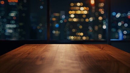 Aufkleber - wooden desk in city with night background and party time : Generative AI