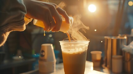 Poster - a barista pouring milk making a take away coffee : Generative AI