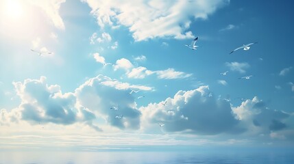 Poster - Blue sky and beautiful white textured clouds over the sea with flying birds gulls : Generative AI