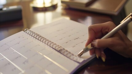 Poster - Close up of a woman hand writing in an agenda on a desk at home or office : Generative AI