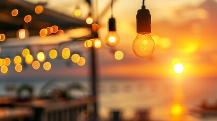 Poster - Abstract blurred image of outdoor restaurant terrace on warm summer evening sunset over the sea with bokeh for background Holiday vacation and travel concept : Generative AI