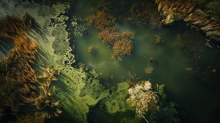 Aerial view of lakes and reed swamp in nature reserve Tetjehorn t Roegwold province of Groningen The Netherlands : Generative AI