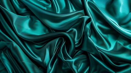 Aufkleber - Dark teal green silk satin Shiny smooth fabric Soft folds Luxury background with space for design Banner Wide Long Flat lay top view table Birthday Christmas Valentine New year Panoram : Generative AI