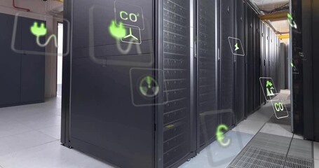 Poster - Animation of eco icons and data processing over computer servers
