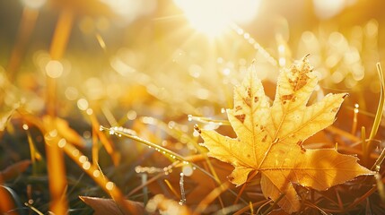Poster - Golden beautiful leaf in autumn grass on nature closeup macro with soft focus and blurred background : Generative AI