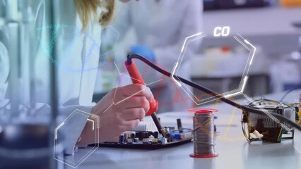 Poster - Animation of scientific data processing over female caucasian scientist in laboratory