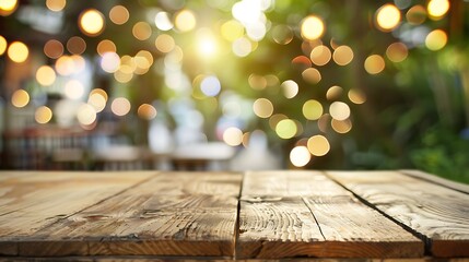 Aufkleber - wooden table on light bokeh background in the restaurant : Generative AI