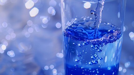 Poster - Beautiful texture of flow stream water closeup macro A stream of clean transparent water is poured into a blue glass beaker on a silvery background with drops : Generative AI