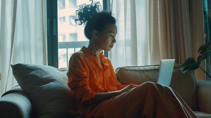 Poster - Entrepreneur woman wearing orange blouse working with a laptop sitting on a couch at home : Generative AI