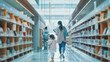 © dont - 吹き抜けがあってたくさん光が入る明るくて大きな建物の図書館、本棚の間を歩いている親子の後ろ姿、コピースペース有