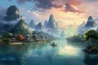 Tranquil Oriental landscape river. China art. Generate Ai