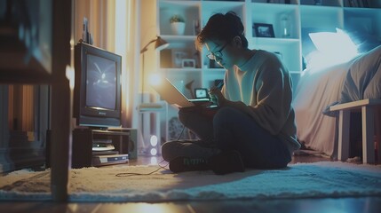 Poster - Entrepreneur or student working or studying at home and writing notes sitting on the floor at home : Generative AI