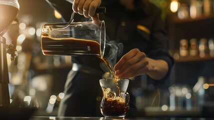 Poster - Professional female barista in black uniform making drip coffee Person pouring fresh aromatic coffee from glass flask in cup hands close up Alternative coffee brewing : Generative AI
