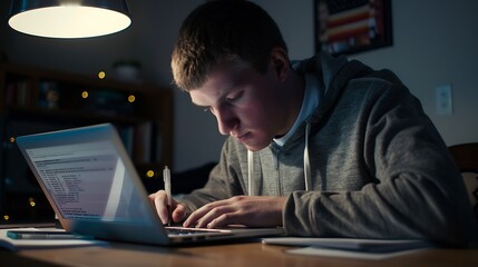 Poster - Student studying with laptop and taking notes on a desktop at home : Generative AI