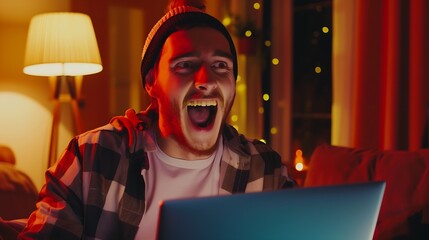 Poster - Euphoric and surprised winner winning online watching a laptop at home : Generative AI