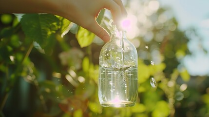 Wall Mural - From the bottle in his hand flows pure fresh transparent drinking water into a faceted glass on a beautiful natural background of the garden in the sunlight of a closeup : Generative AI