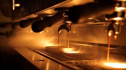 Poster - closeup image of the coffee machines that are operating automatical Coffee flowing into coffee cup that is prepar for service Coffee aroma bake the whole shop and the shop atmosphere t : Generative AI