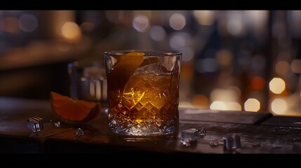Poster - Glass of whiskey or or cognac or brendy on wooden table garnished with orangeClose up of alcoholic drink in dark mood : Generative AI