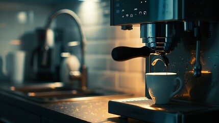 Poster - Modern espresso coffee machine with a cup in interior of kitchen closeup : Generative AI