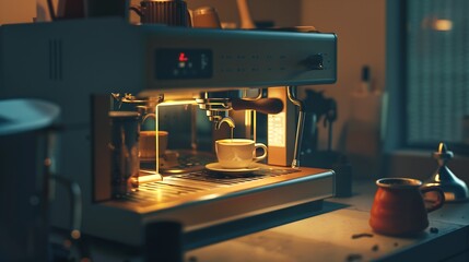Poster - Barista making coffee in a coffee machine in a cardboard : Generative AI