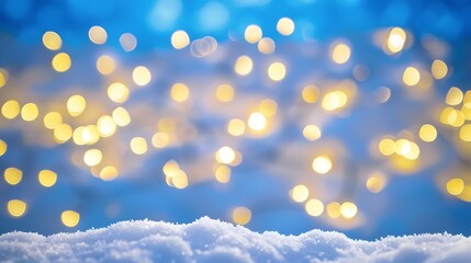 Aufkleber - Festive Christmas natural snowy landscape abstract empty stage background with snow snowdrift and defocused Christmas lights Blue and yellow Golden Christmas lights against blue sky co : Generative AI