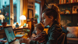 Fototapeta  - Busy young mother working from home with child. Freelance, motherhood