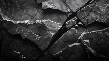 Aufkleber - Black rock texture Rough mountain surface with cracks Closeup Dark stone background with space for design Grunge Banner Wide Long Panoramic : Generative AI