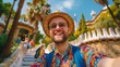 Happy tourist take selfie selfportrait with smartphone in Park Guell Barcelona Spain Smiling man on vacation looking at camera Holidays and travel concept : Generative AI