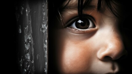 Close-Up Of Child's Eye Peering Through Dark, Emotional Portrait