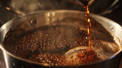 Poster - Close up roasted coffee on coffee percolator with professional of a barista making coffee for dripping hot coffee into the cup with equipment tool brewing at kitchen home : Generative AI