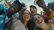 Multicultural happy friends having fun taking group selfie portrait on city street Multiracial young people celebrating laughing together outdoors Happy lifestyle concept : Generative AI
