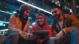 Fototapeta  - Four euphoric multi ethnic caucasian and arab friends watching tv on a a tablet in a train station : Generative AI