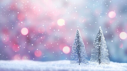 Aufkleber - Winter christmas scenic background Two Silvery small Christmas tree on a blurred snowy defocused background in blue and pink tones with copy space : Generative AI