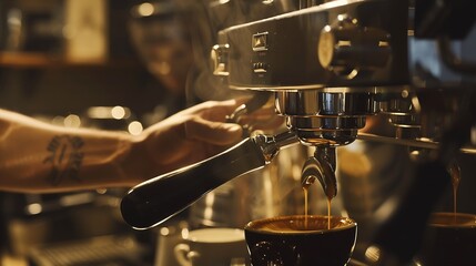 Poster - Closeup partial view of barista preparing coffee at coffee machine Partial view of barista holding portafilter while preparing coffee in bar : Generative AI