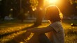 Woman relaxing and enjoying the sun in a warmth park at sunset : Generative AI