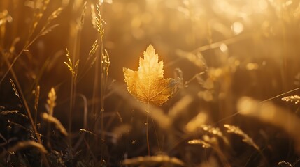 Poster - Golden beautiful leaf in autumn grass on nature closeup macro with soft focus and blurred background : Generative AI