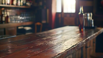 Poster - Empty wooden bar counter with defocused background and bottles of restaurant bar or cafeteria background for your product display : Generative AI