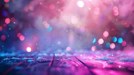 Poster - Festive Christmas stage scene background with wooden floor in snow and defocused Christmas lights Blue and pink turquoise tones evening copy space : Generative AI