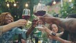 Group of friends having fun at bbq dinner in garden restaurant Multiracial people cheering red wine sitting outside at bar table Social gathering youth and beverage lifestyle concept : Generative AI