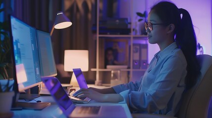Poster - Happy woman working using multiple devices on a desk at home : Generative AI