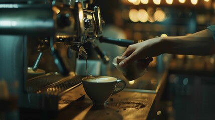 Poster - Hands of barista making coffee in bar : Generative AI